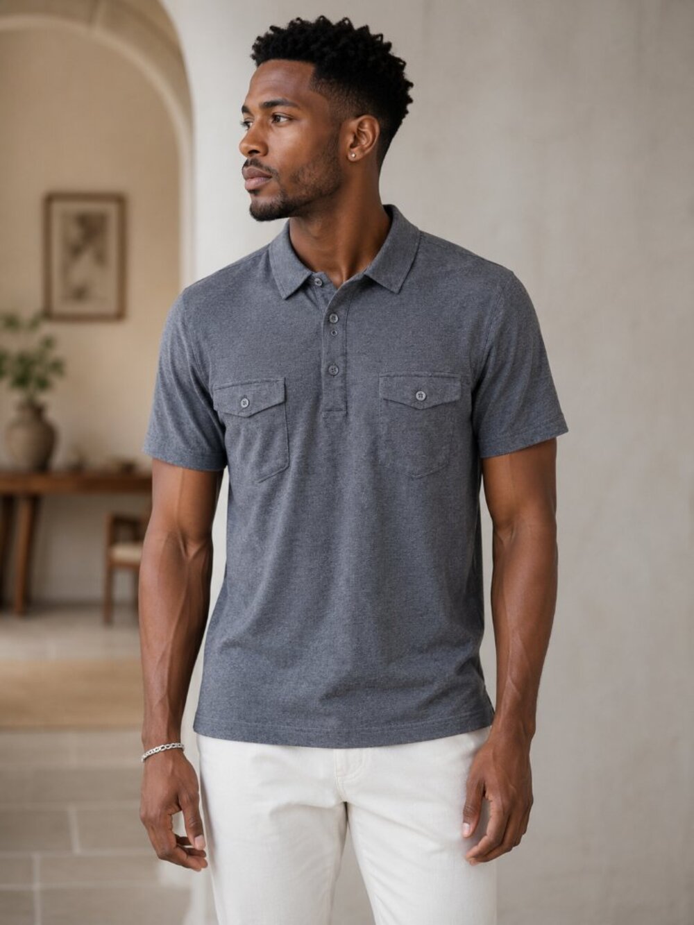 Apt. 9 Men's Gray Polo Shirt Short Sleeve Stretch Utility 2 Chest Pockets Small